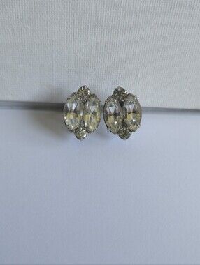 Vintage Signed Princess Rhinestone Earrings, Mid-Century Marquise Crystal